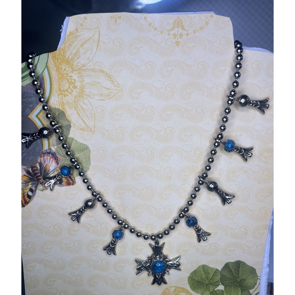 1970's Faux Squash ‎ Blossom Beaded Necklace Silver Tone South West Boho